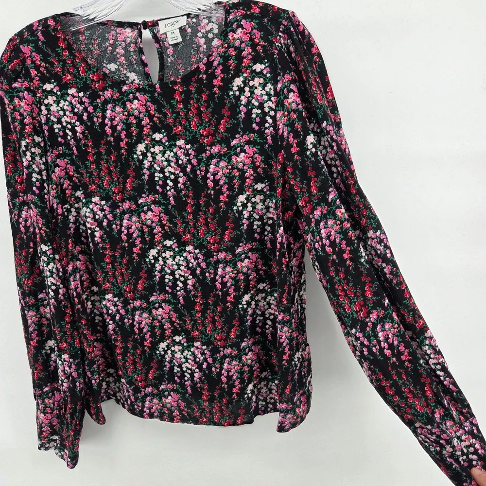 J. Crew‎ Top Medium Black Dark Floral Puff Sleeve Office Work